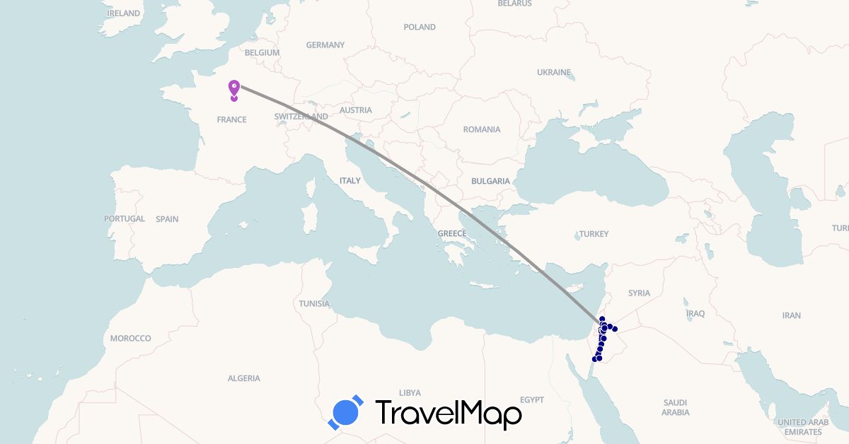 TravelMap itinerary: driving, plane, train in France, Israel, Jordan (Asia, Europe)