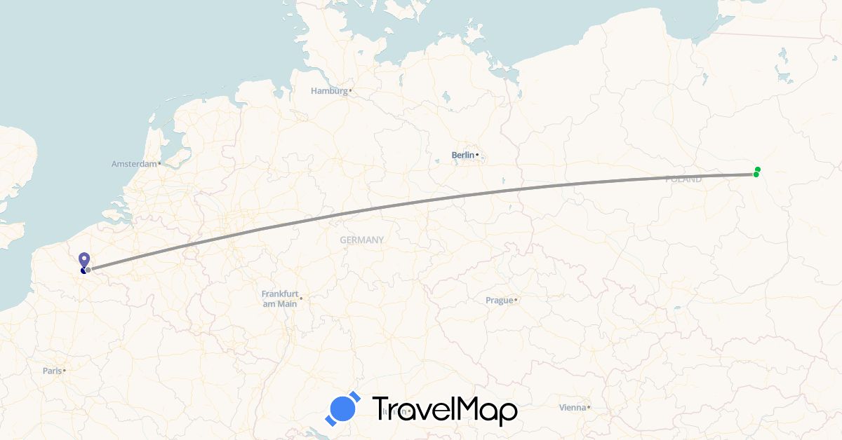 TravelMap itinerary: driving, bus, plane in France, Poland (Europe)