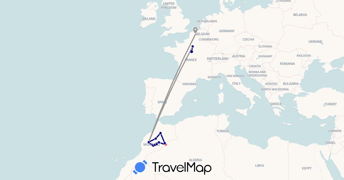 TravelMap itinerary: driving, plane, hiking in France, Morocco (Africa, Europe)