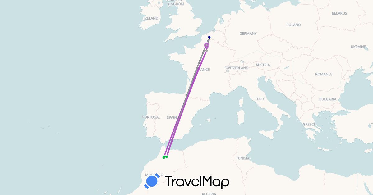 TravelMap itinerary: driving, bus, plane, train in France, Morocco (Africa, Europe)