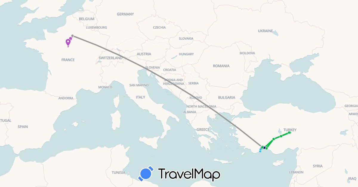TravelMap itinerary: driving, bus, plane, train, boat in France, Turkey (Asia, Europe)