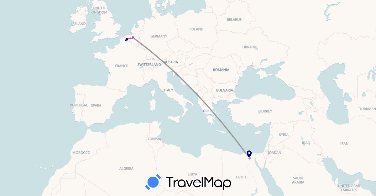 TravelMap itinerary: driving, plane, train in Belgium, Egypt, France (Africa, Europe)